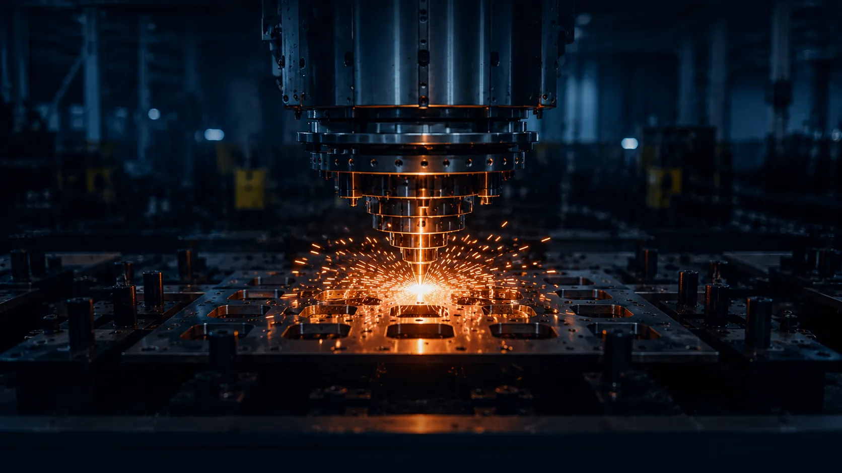 Precision metal stamping machine producing components with sparks